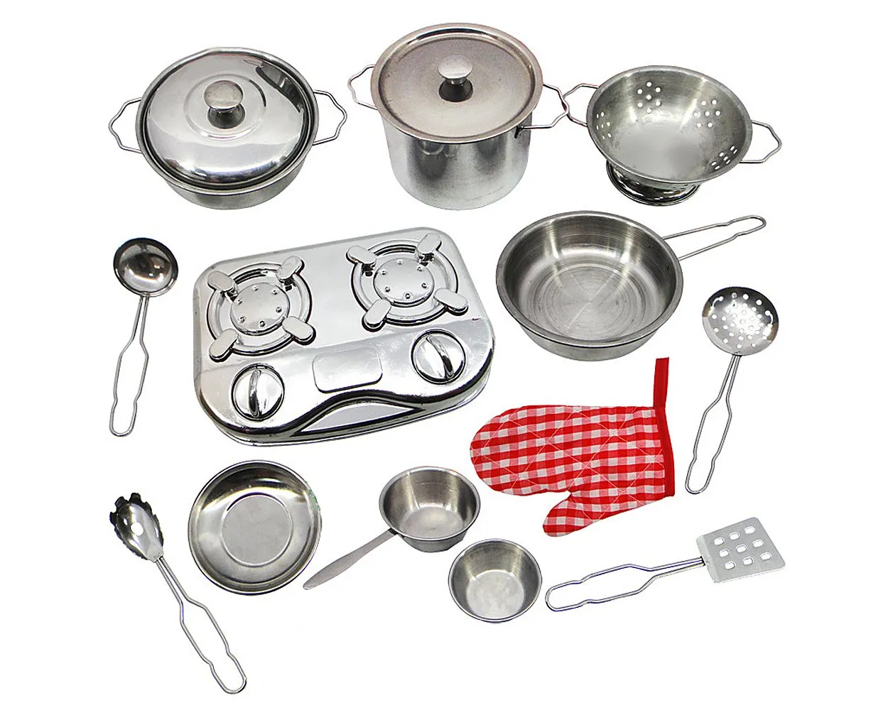 13 Pieces Stainless Steel Cooking Toys Set for Role Playing - Silver