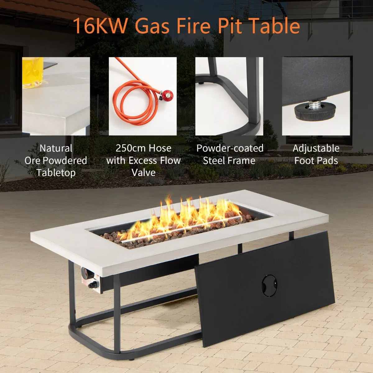 16 KW Propane Fire Pit Table with Waterproof PVC Cover and Lid-Grey