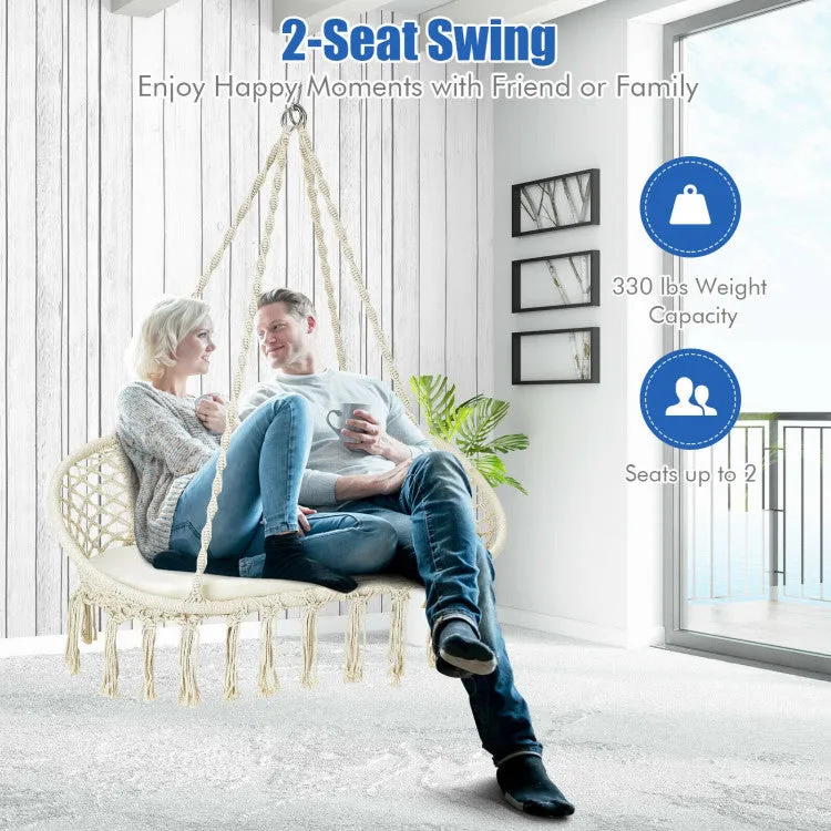 2 Person Hanging Hammock Chair with Cushion Macrame Swing