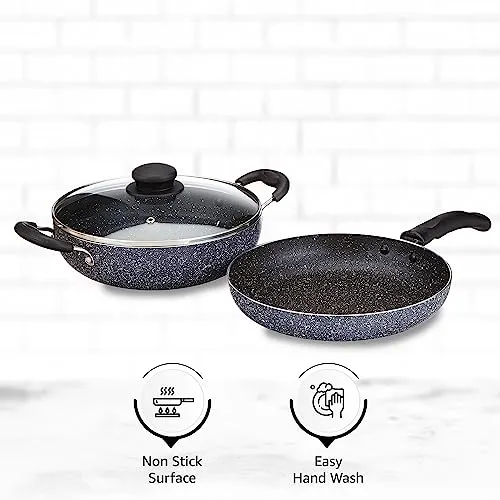 Amazon Brand - Solimo Aluminium 3 Piece Non-Stick Cookware Set|Granite Finish|Induction Base|Pfoa Free|High Temperature Resistant Exterior Coating|22 Cm Fry Pan,22 Cm Kadai,1 Glass Lid|Grey