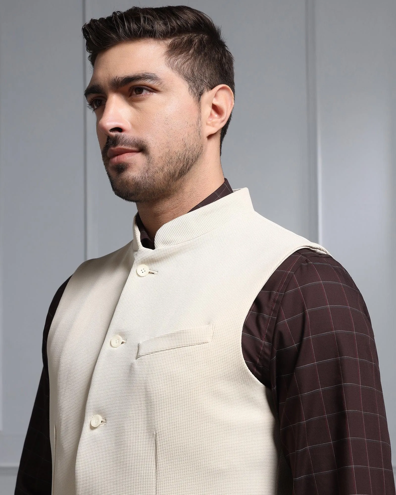 Bandhgala Formal Beige Textured Waistcoat - Cade