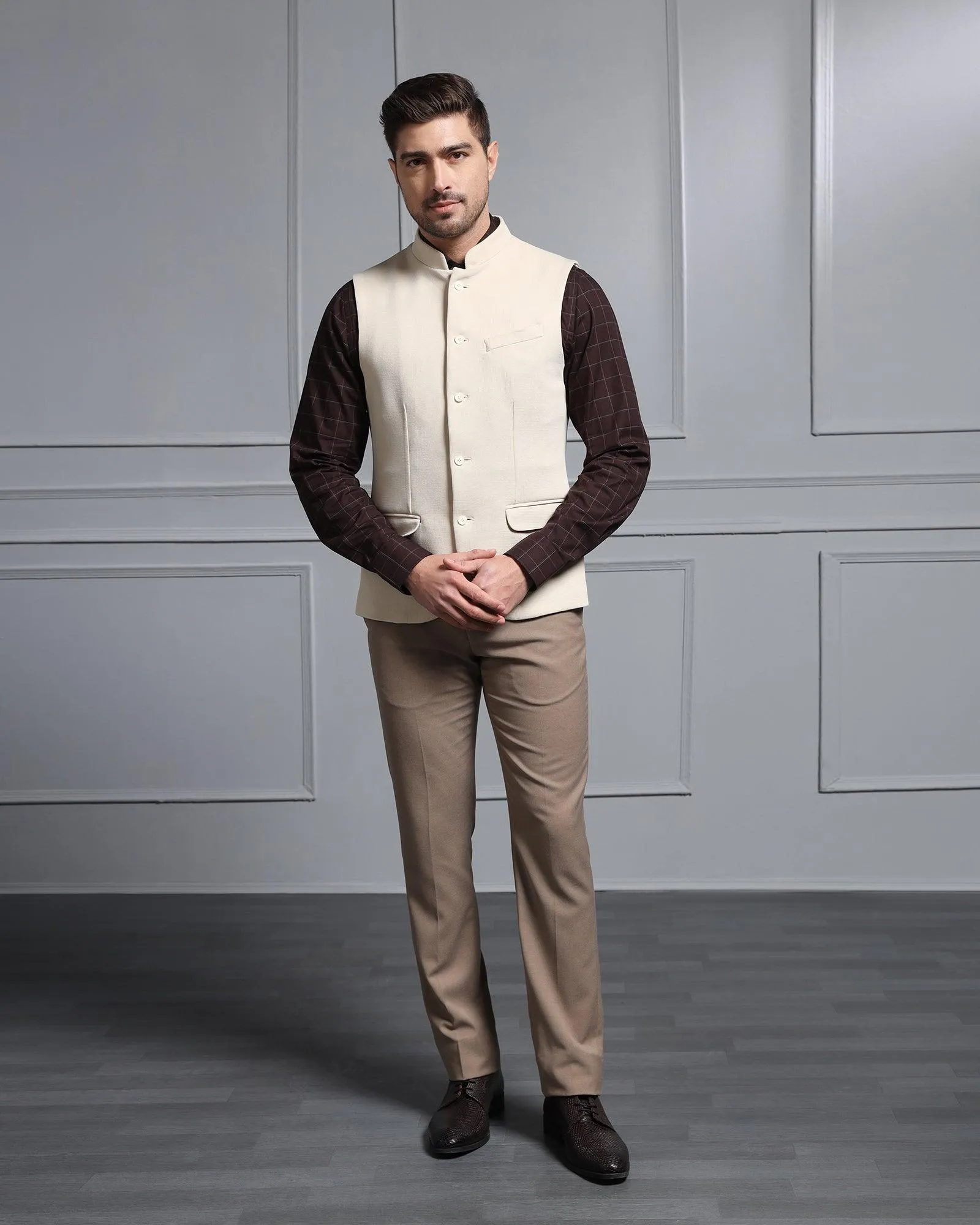 Bandhgala Formal Beige Textured Waistcoat - Cade