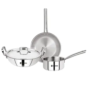 Bergner Tripro Triply Stainless Steel 4 Pc Cookware Set, 24 cm Indian Wok/Kadai with Lid, 22 cm Frypan, 16 cm Tea Pan, Even and Fast Heating, Induction Bottom, Gas Ready, Silver