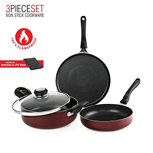 Cello Prima Induction Base Non-Stick Aluminium Pan Cookware Set, 3-Pieces, Cherry Red