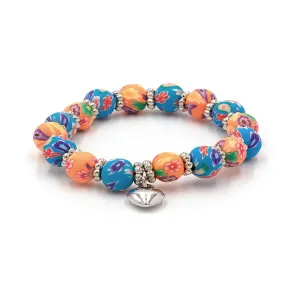 Clay Bead Kids Bracelet with Heart Charm: Blue & Peach Floral