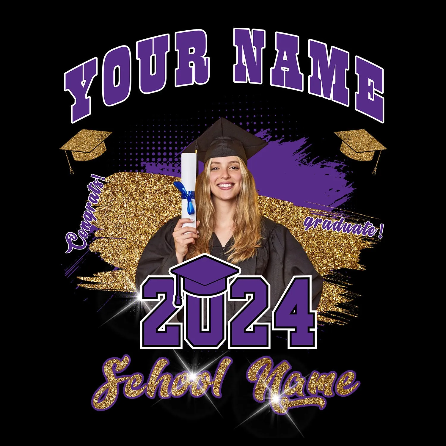 Custom Black Purple-White 3D Graduation Performance T-Shirt