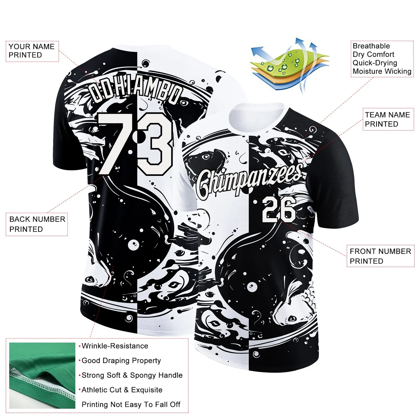 Custom Black White 3D Pattern Design Fishing Yin Yang Symbol With Swirling Fish Performance T-Shirt