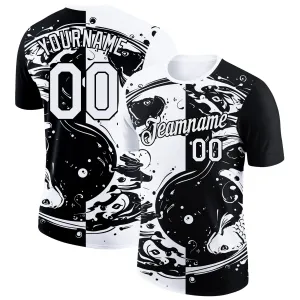 Custom Black White 3D Pattern Design Fishing Yin Yang Symbol With Swirling Fish Performance T-Shirt