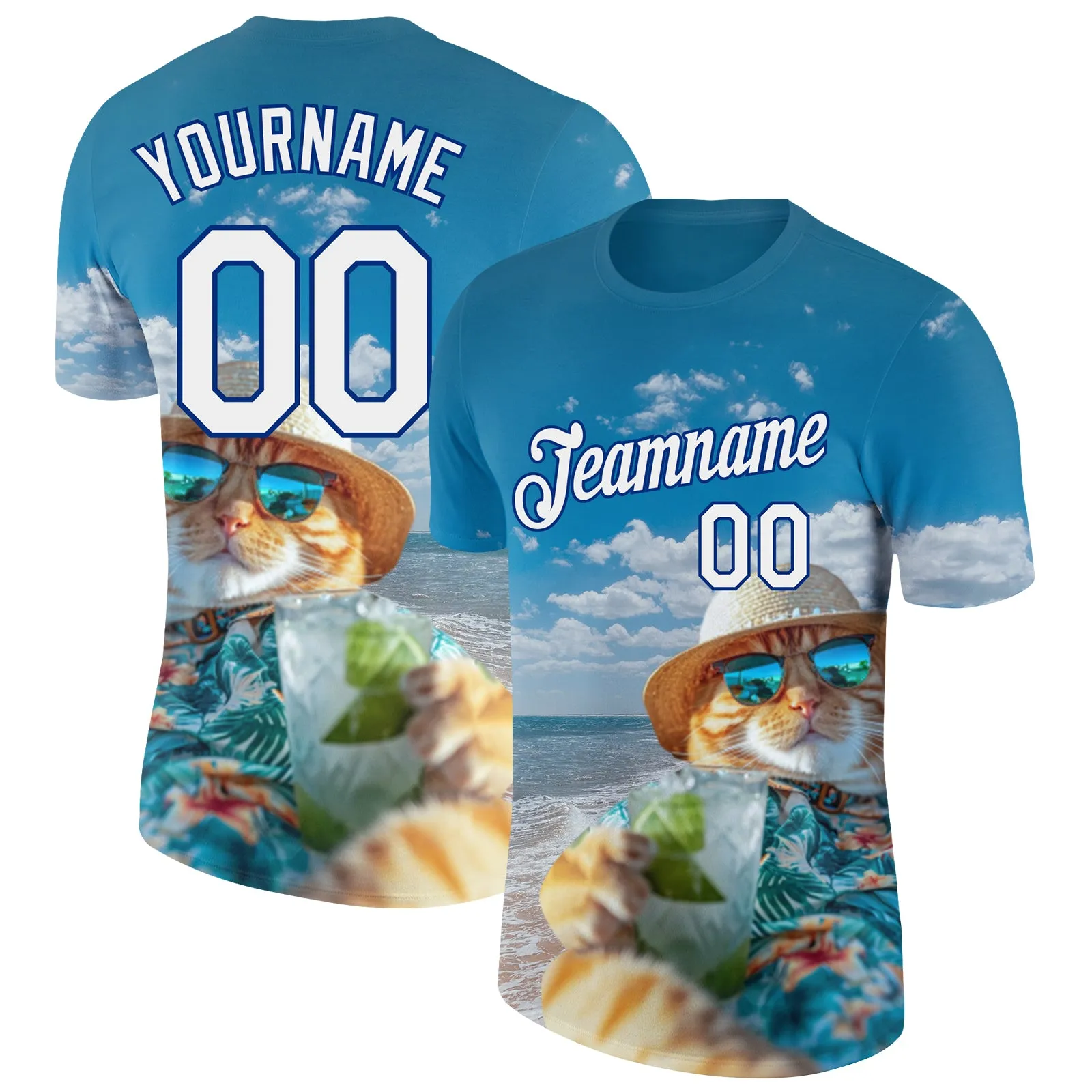 Custom Royal White 3D Pattern Design Hawaii Style A Cat Sunbathes On The Beach Performance T-Shirt