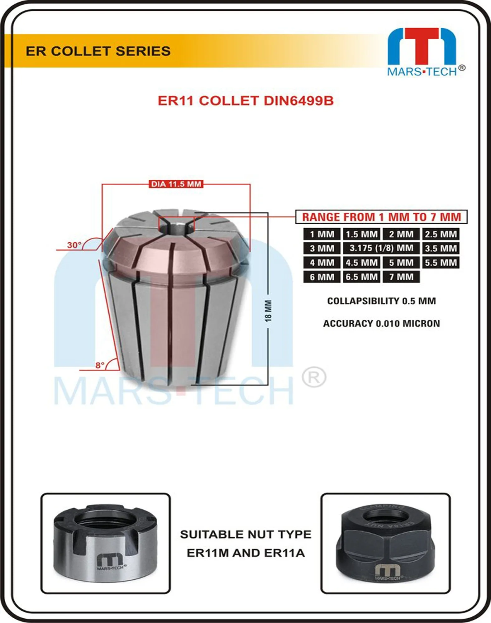 ER 11 COLLET DIN6499B AA 0.010 MICRON High Quality Precision Collet