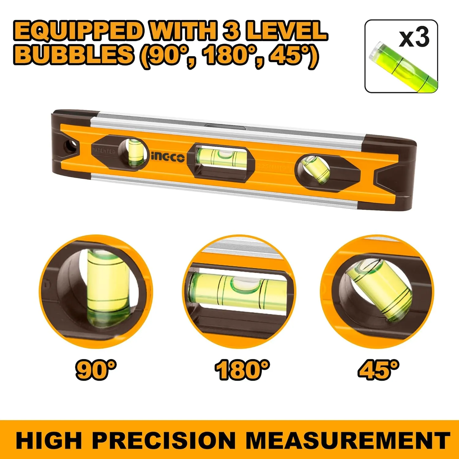 INGCO Magnetic Mini Spirit Level with 3 Bubble Leveller 45°/90°/180°, for Levelling, Furniture & Construction