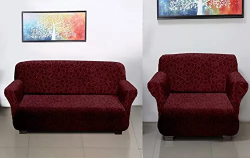 Kuber Industries Triangle Printed Stretchable, Non-Slip Polyster 1 & 3 Seater Sofa Cover/Slipcover/Protector Set with Foam Stick, Set of 2 (Maroon)-50KM01437, Standard