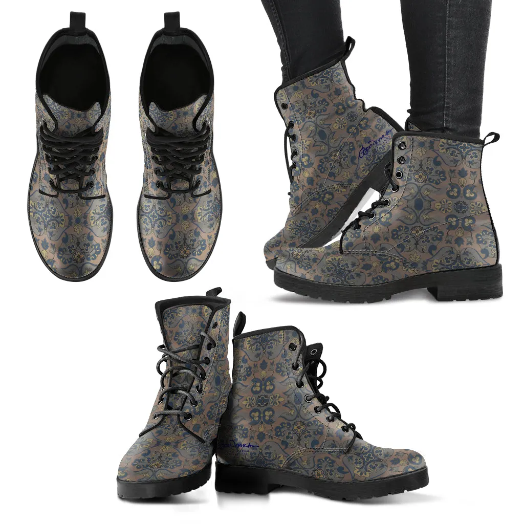 Not Quite Paisley Metal and Bright Sea Blue Leather Boots (Vegan)