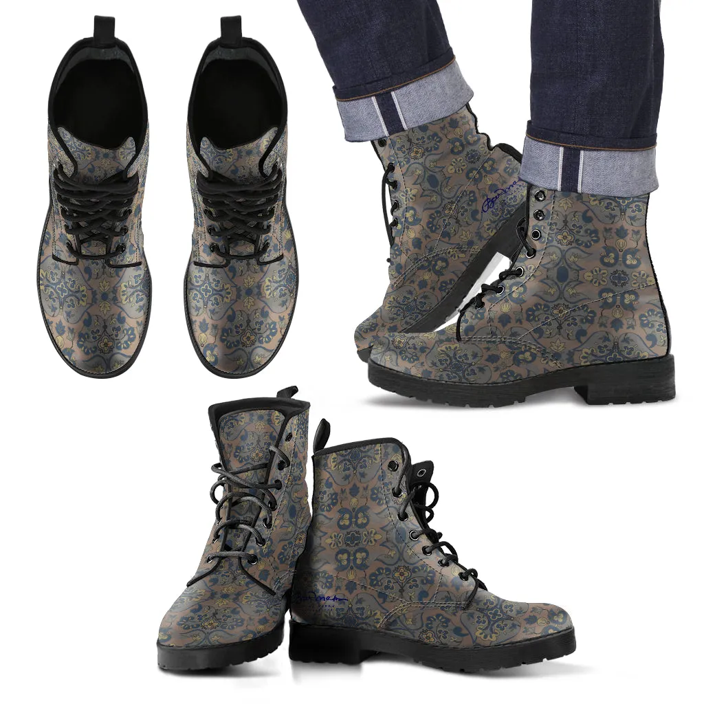 Not Quite Paisley Metal and Bright Sea Blue Leather Boots (Vegan)