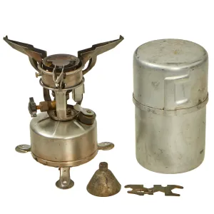 Original WWII U.S. Issue Aladdin Company Gasoline Camp Mountain Stove in Bayonet "F" Canister - both dated 1945