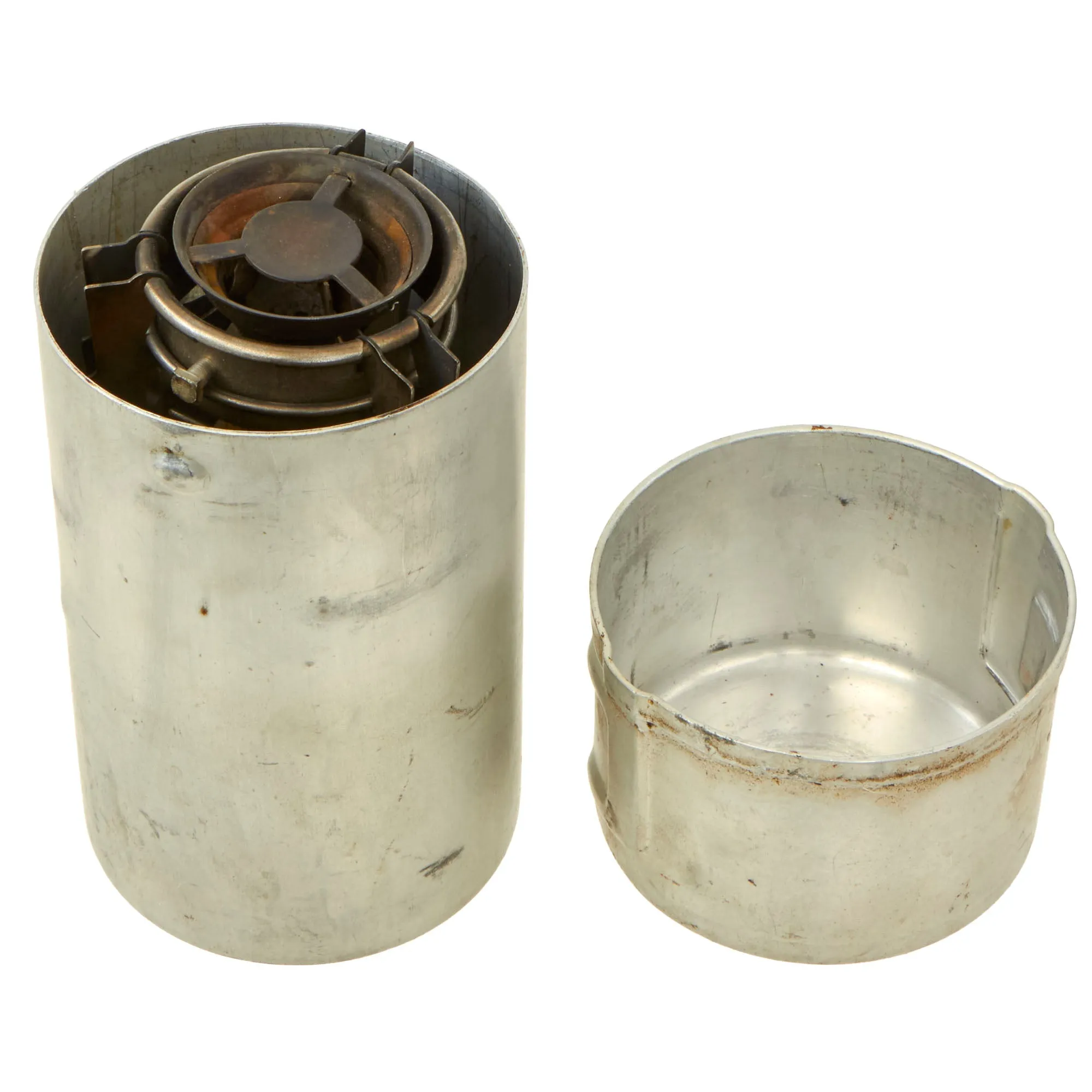 Original WWII U.S. Issue Aladdin Company Gasoline Camp Mountain Stove in Bayonet "F" Canister - both dated 1945