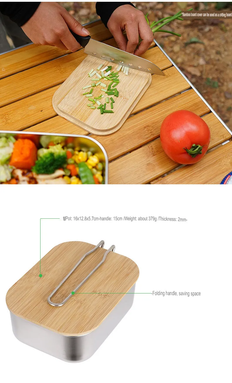 Stainless Steel Lunch Box Outdoor Bamboo And Wood Cutting Board Lid Lunch Box Camping Barbecue Soup Pot Portable Picnic Lunch Box