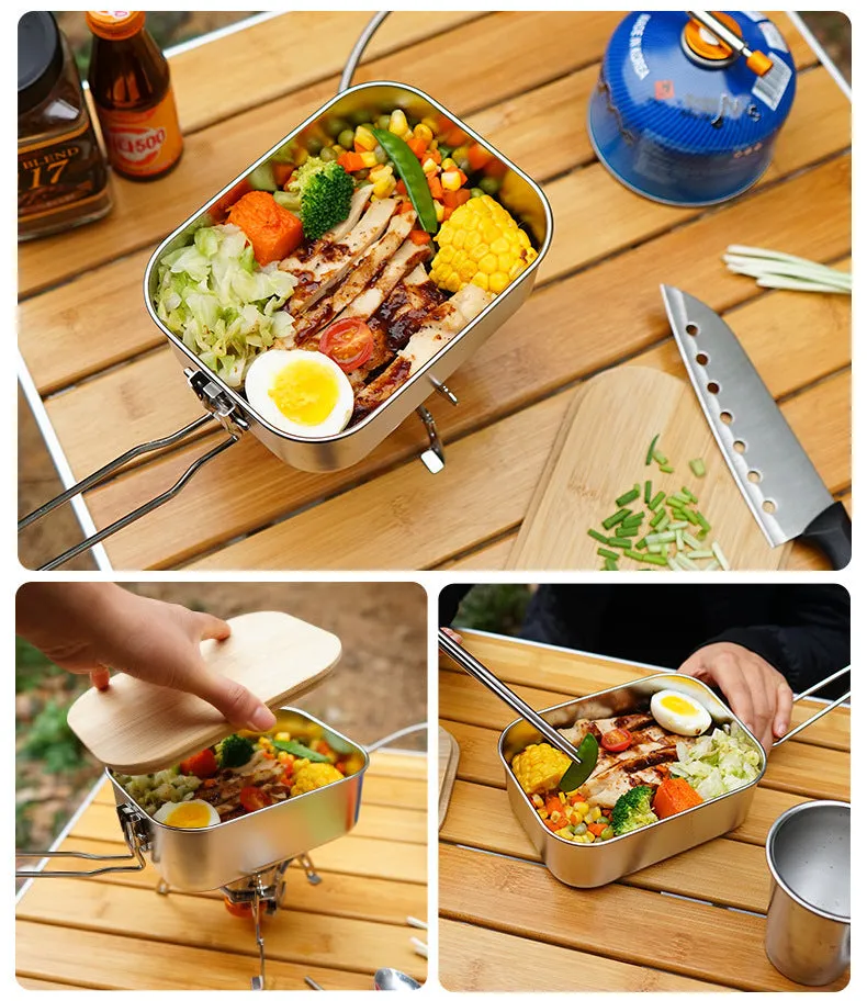 Stainless Steel Lunch Box Outdoor Bamboo And Wood Cutting Board Lid Lunch Box Camping Barbecue Soup Pot Portable Picnic Lunch Box