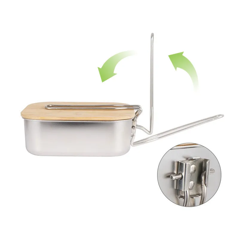 Stainless Steel Lunch Box Outdoor Bamboo And Wood Cutting Board Lid Lunch Box Camping Barbecue Soup Pot Portable Picnic Lunch Box