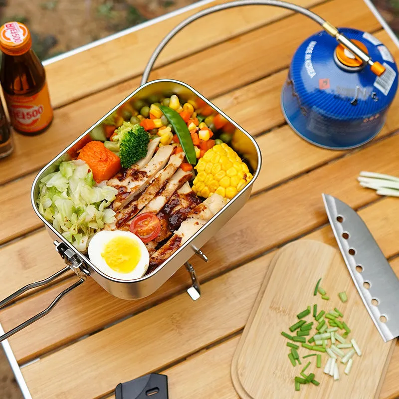 Stainless Steel Lunch Box Outdoor Bamboo And Wood Cutting Board Lid Lunch Box Camping Barbecue Soup Pot Portable Picnic Lunch Box