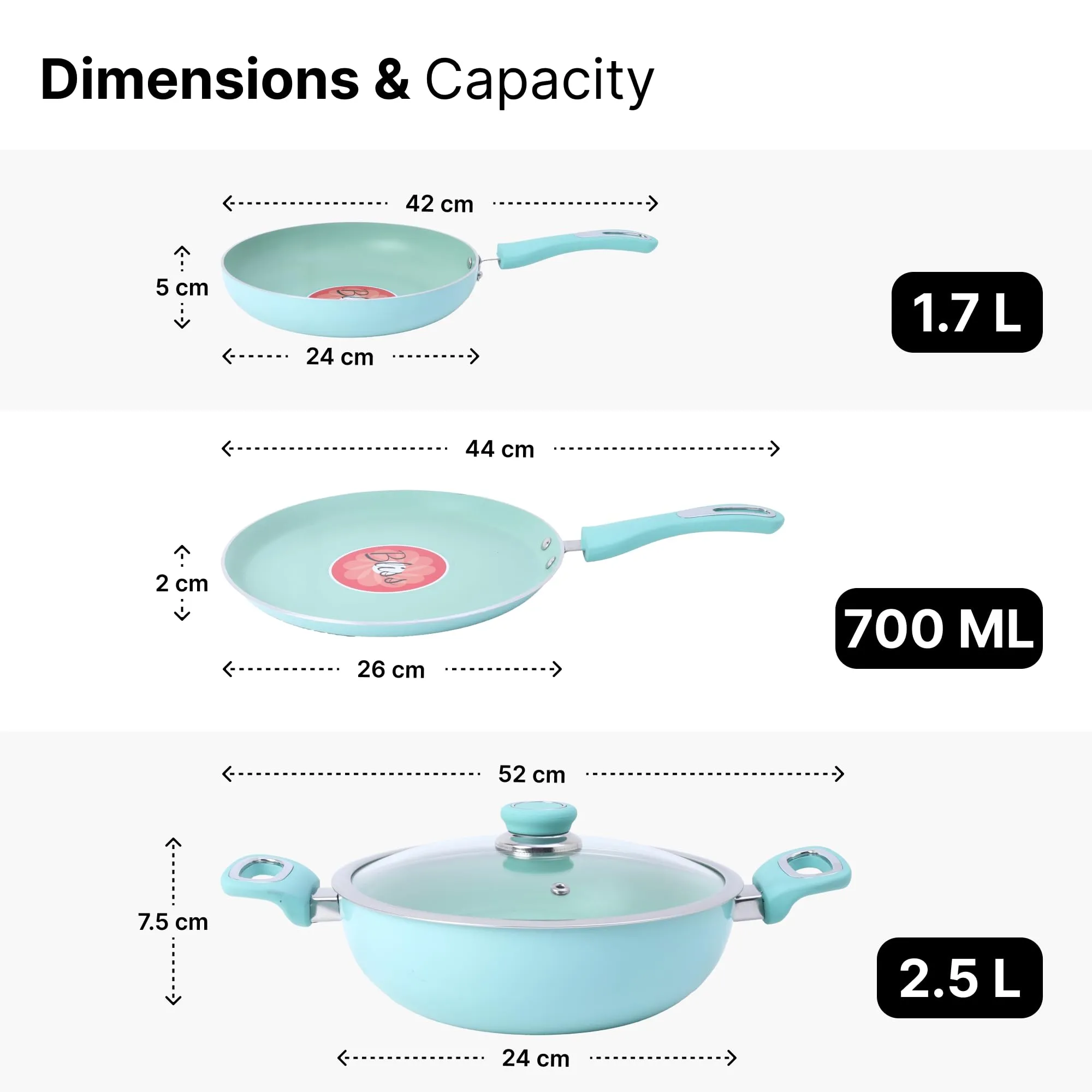 UMAI Non Stick Cookware Set (Tawa - 26cm, Fry Pan - 24cm, Kadai with Lid - 24cm) | Non Stick Pan Set | Gas & Induction Cookware | Cooking Utensils for Kitchen | 2.8mm Thickness | Metal Spoon Friendly