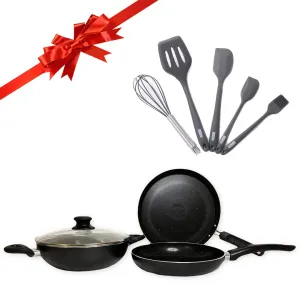 USHA SHRIRAM 3 Piece Non Stick Set of Tawa, Fry Pan & Kadhai(with Lid) & Spatula Set | Gift Pack | Stove & Induction Cookware | Easy Grip Handles | 3 Layer Non Stick Coating | Lightweight | Gift Set