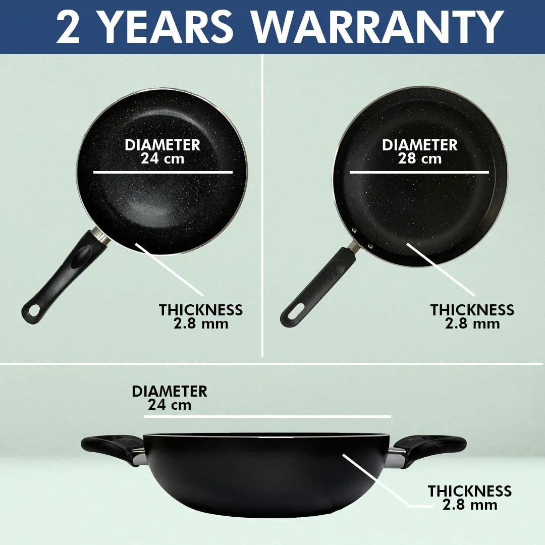 USHA SHRIRAM 3 Piece Non Stick Set of Tawa, Fry Pan & Kadhai(with Lid) & Spatula Set | Gift Pack | Stove & Induction Cookware | Easy Grip Handles | 3 Layer Non Stick Coating | Lightweight | Gift Set