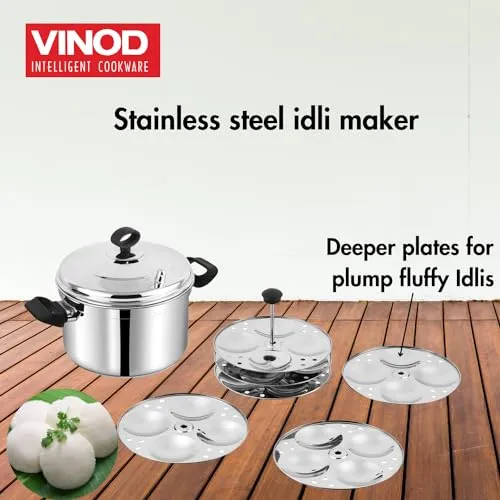 Vinod Stainless Steel Idli Pot/Idli Cooking Pot /6 Pcs Plates Induction Base Idly Maker Large /36 Cm (Makes Upto 24 Idli At A Time), Silver (36 X 23.5 X 23 Lxwxh), 1 Liter