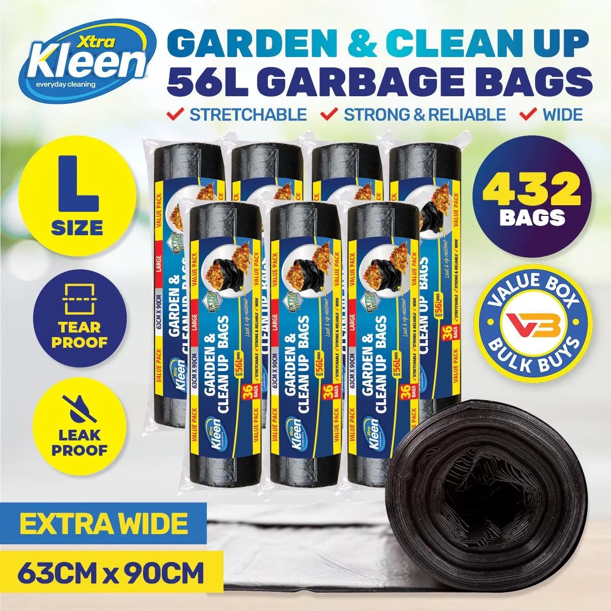 Xtra Kleen 432PCE 56L Garbage Bin Liners Large Tear & Leak Proof 63 x 90cm